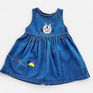 Vintage Denim Baby Girl Dress Jumper with Embroidered Cat & Mouse 90's Cottage